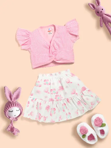 Baby Girls Cotton Crop top and Skirt Pink