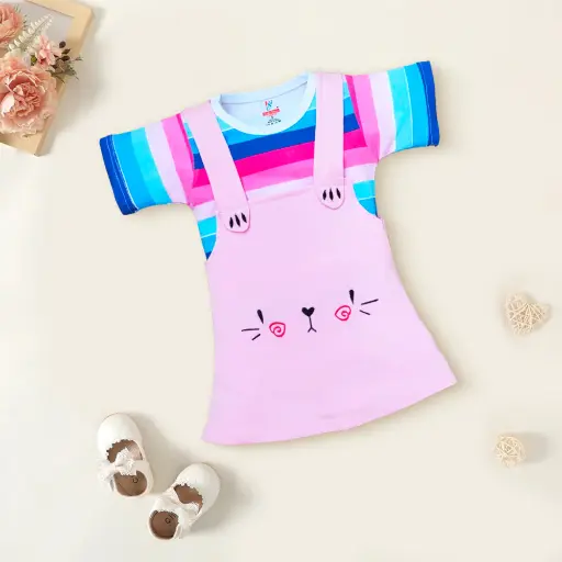 Girls Frocks With Inner Tee, All Over Prints Pink