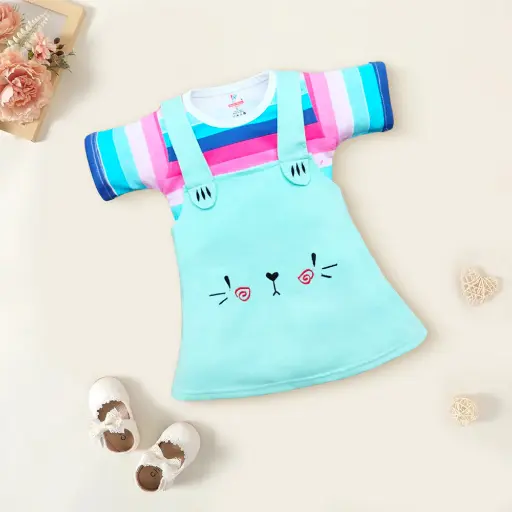 Girls Frocks With Inner Tee, All Over Prints Blue