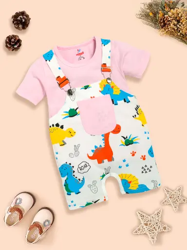 Infant Conversational Printed Pure Cotton Dungaree With T-Shirt Pink