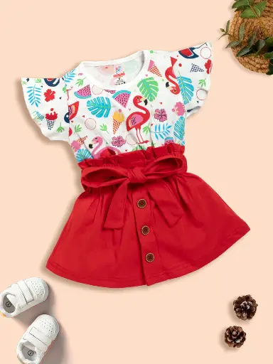 Kids Printed Fit & Flare Dress With T-Shirt Red