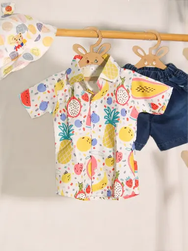Boys Tropical Fruit Print Shirt With Blue Denim Shorts