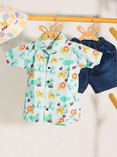 Boys Jungle Safari Print Shirt With Blue Denim Shorts