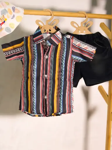 Boys Vibrant Striped Shirt With Black Denim Shorts