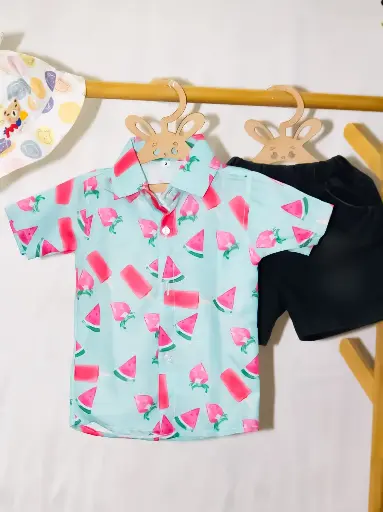 Boys Watermelon and Popsicle Print Shirt With Black Denim Shorts
