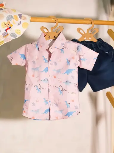 Boys Dinosaur Print Shirt With Blue Denim Shorts