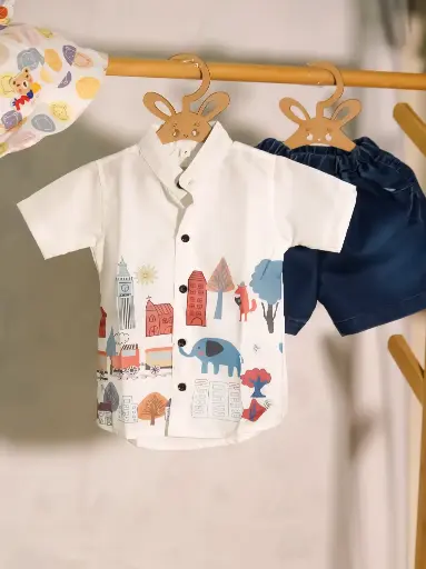 Boys Urban City Printed Shirt With Blue Denim Shorts