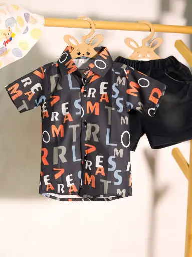 Boys Fun Letter Print Shirt With Black Denim Shorts