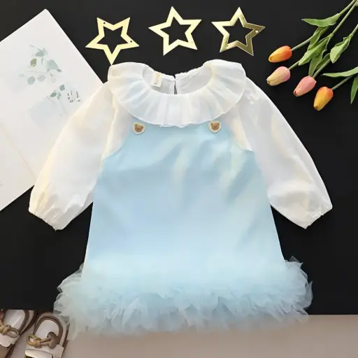 Girls Light Blue Long Sleeves Fit & Flare Dress