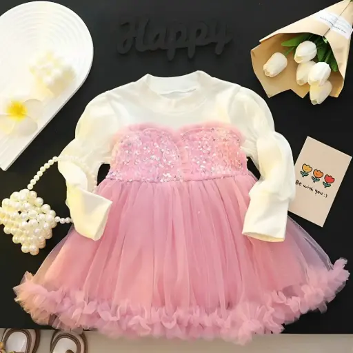 Girls Pink Sequins Embellished Full Sleeves Party Wear Dress