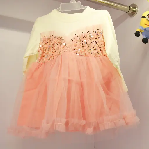 Girls Pink Sequins Embellished Full Sleeves Party Wear Dress