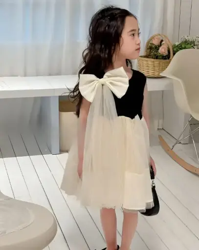 Girls White & Black Party Wear Frock with Detachable Bow