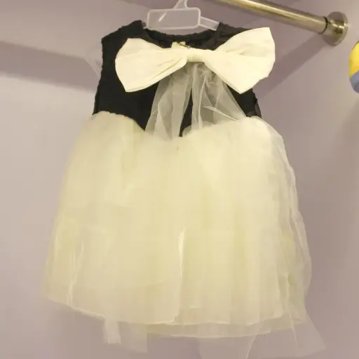 Girls White & Black Party Wear Frock with Detachable Bow