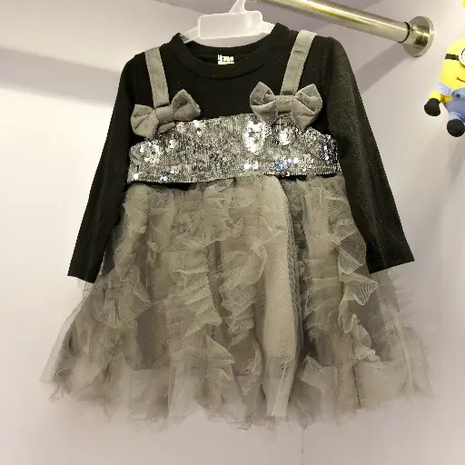 Girls Grey & Black Sequins Embellished Full Sleeves Party Wear Dress