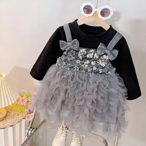 Girls Grey & Black Sequins Embellished Full Sleeves Party Wear Dress