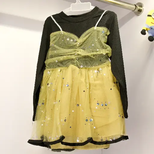 Girls Beige Black Party Wear Frill Dress