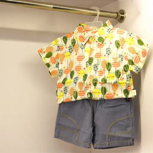 Boy's Multi-Color Printed Shirt With Denim Shorts