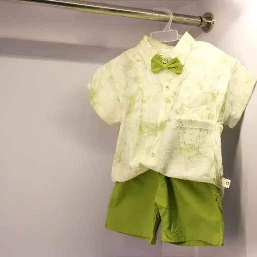 Boy's Green Floral Printed Shirt With Bow & Shorts