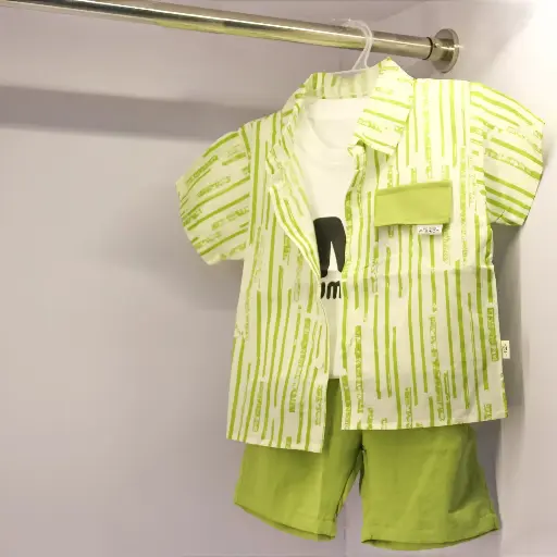 Boy's Green Designer Shirt With Printed T-shirt & Shorts Set