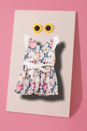 Peach Pink Floral Frock with Bow Belt